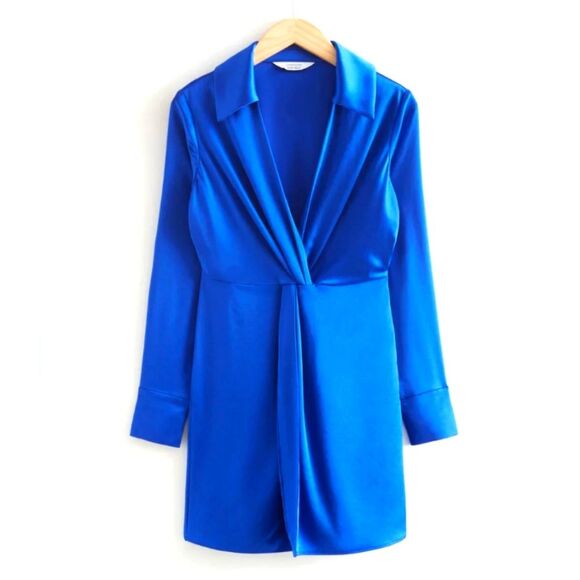 & Other Stories Satin Dress Twist Front Mini Bright Blue NEW 12 Large - Picture 1 of 10